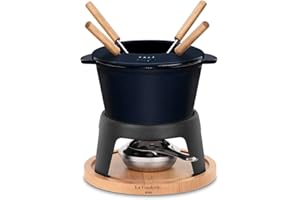 La Fonderie 1890 Fondue-Set aus Gusseisen für 4 Personen Mont d'Arbois, für Käse- und Schokoladenfondues, spritzfester Deckel, 4 Gabeln mit Buchenholzgriffen, Kapazität 1,2 L