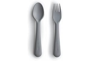 Mushie Besteckset mit Gabel & Löffel für Kinder | Wiederverwendbar Besteckset | Hergestellt in Dänemark | BPA-Frei | Sichere, Hochwertige & Langlebige Erstausstattung (Smoke)