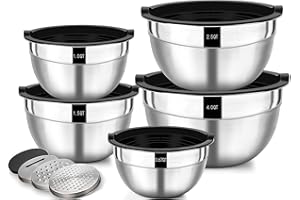 Wildone Salatschüssel 5er Set, Edelstahl Schüssel mit luftdicht Deckel, Größe 4.5l, 2.7l, 1.6l, 1.1l, 0.7l, Rührschüssel Schüsselset für die Küche, Rutschfest & Stapelbar