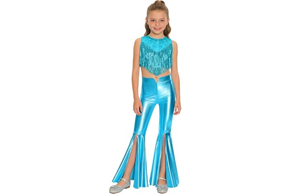 inhzoy flicka glitter outfit disco 70-talet metalliska paljetter tofs crop tank top slits utsvängda byxor barn fest festival danskläder