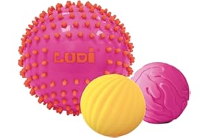 Ludi - 3 Balles Sensorielles Souples Texturées - Jouet D'Éveil Bébé - Dès 6 Mois - Développe Le Toucher, La Motricité Fine & Le Bien-Être - Diamètre : 8 & 15 cm - Rose & Jaune