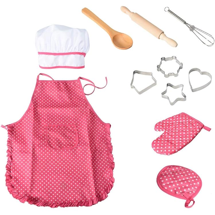 Set van 2 kinderschorten en kookmutsen, voor kinderen, verstelbaar kookschort met 2 zakken, voor jongens en meisjes, keukenschorten voor keuken, koken, schilderen, bakken (7-13 jaar, wit
