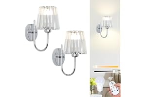 Stepeak Rechargeable Wall Lights Set of 2, Battery Operated Wall Lights with USB Bulb & Remote, Chrome Battery Operated Wall Sconces with Glass Shade, Crystal Wireless Wall Lamp Indoor for Bedrooms