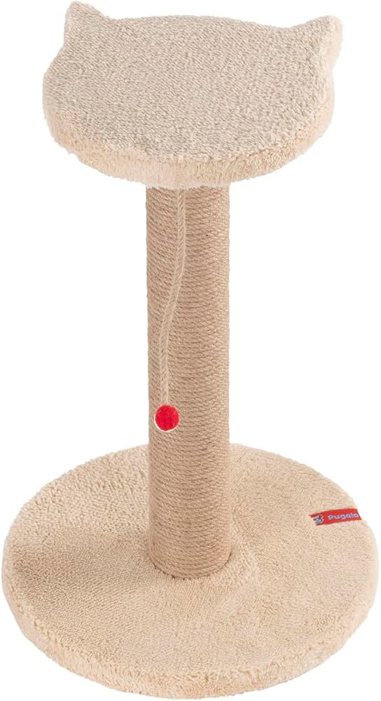 Pugalo Stepli Kedi Yüzlü Platform Tırmalama Tahtası, Gri Peluş Kaplı, Sisal İpli, Oyuncaklı (Krem)