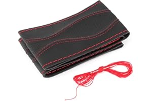 ARAMOX universal Steering Wheel Leather Cover,38cm / 15in Leather Steering Wheel Cover Lace Up Needles Thread Kit DIY Sideline Hand Sewing Car Interior Decoration (Supplier specification m)(Black red)
