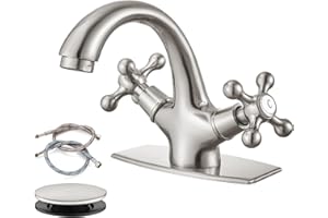gotonovo Bathroom Sink Faucet Single Hole Double Cross Handle Knobs Lavatory Vessel Sink Mixer Tap Bathroom Faucet with Pop up Drain and Deck Cover Plate Brushed Nickel