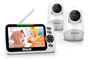 Babyphone Caméra Moniteur vidéo pour bébé avec 2 caméra et Audio avec Batterie 30 Heures, 5" à écran divisé, caméra panoramiq