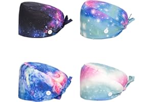 SIMYJOY 4 Pièces Casquettes Bouffantes avec Boutons Bandeau Réglable Casquettes de Travail Turban en Coton Bonnet Imprimées Chapeaux Unisexes