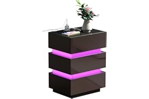 Rcynview Mesita de Noche Negra Brillante, Mesillas de Noche Dormitorio con Luz Led, Mesa Moderna Noche 3 Cajón, 45x35x62cm Mesillas de Noche Dormitorio Mesitas de Noche de Alto Brillo de Madera