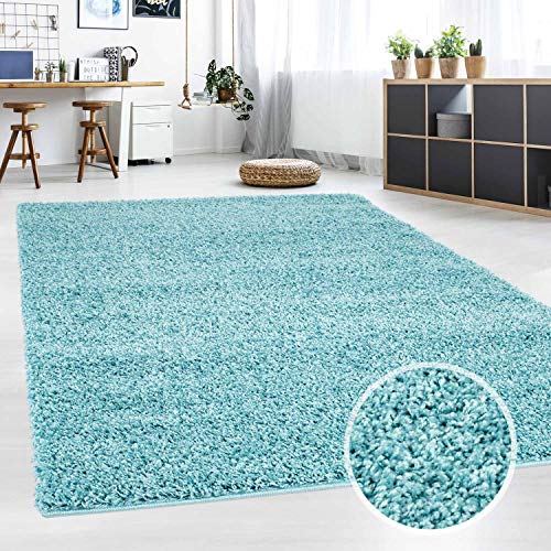 Hochflor Teppich | Shaggy Teppich fürs Wohnzimmer Modern & Flauschig | Läufer für Schlafzimmer, Esszimmer, Flur und Kinderzimmer | Langflor Carpet türkis 060x090 cm