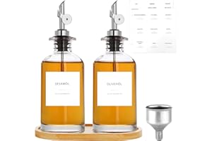 Otauoaea Botellas de Vinagre y Aceitera - 2Pcs Botella Cristal de Aceite de oliva - Dispensador de Aceite de Cristal de 350 ml con etiquetas y embudo, Bandeja de Bambú - Plata