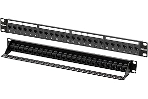 FGB 10Gbps Patch Panel 24 Port, Cat6A Patch Panel 1U, 19" Rackmount or Wall Mount Keystone Patch Panel with Back Bar, Network Patch Panel for Cat6a, Cat6, Cat5e, Cat5 Cabling