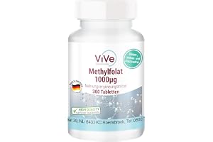Metylfolat 1000μg – 300 tabletter – Kalcium-L-metylfolat – Hög dos – Biologiskt aktiv form av folsyra – Kvalitet från Tyskland – ViVe Supplements
