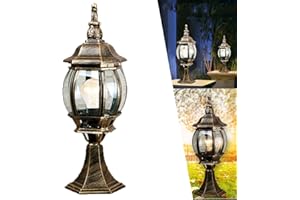 CHAO ZAN Gold Glass Panel Outdoor Vintage Lantern E27 Post Pedestal Light IP44 Exterior Rating Column Light Waterproof Pillar Lamps Vintage Rustic Post Pole Pillar for Gardens Courtyard Patio Terrace Gate