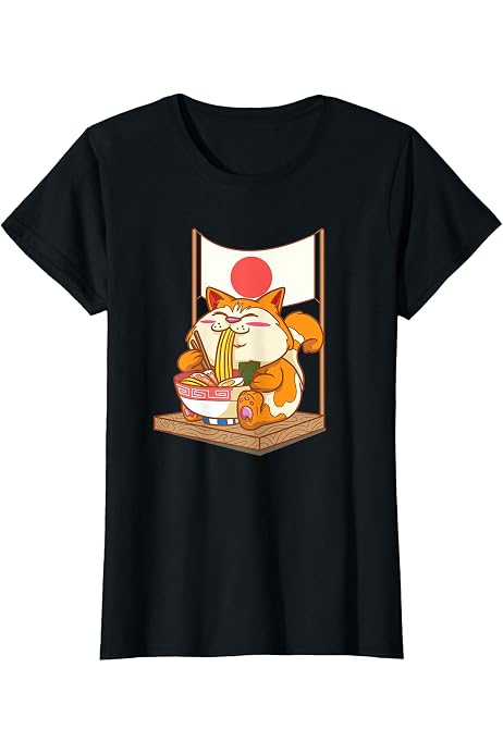 T-shirt Kawaii - Anime Cat Girl Qui Mange Des Ramen - Coton Confortable