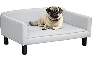 PawHut Divano per Cani Taglia Media e Piccola con Cuscino, Braccioli e Schienale, Divanetto per Cani in Tessuto Effetto Velluto, Schiuma e Legno, 82x54x36 cm, Grigio Chiaro