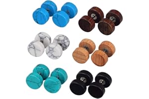 Flongo 6 Pares Pendientes de Hombre Mujer 8mm Pendientes de Tapones Redondos Piedras y Madera Aretes Unisex Pendientes de Colores Hip Hop