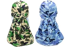 CAMELLIASS 2PCS Camouflage Silky Durags for Men Women, Long Tail Durag 360 Waves Headwraps Cap Pirate Bandanas Turban