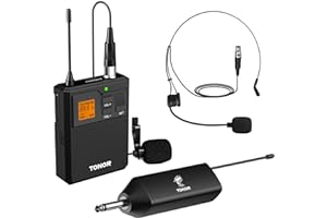 TONOR TW621 Wireless Headset Microphone& Lavalier Mic with Bodypack Transmitter, 1/4" Jack Rechargeable Receiver, 5 Channels, 60M Range for Fitness Class Live Performance PA Speaker, 1 Pcs