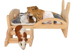HYLYUN Holz Meerschweinchen Bett mit Treppe und Matte, Holz Meerschweinchen Bett abnehmbare Plattform Meerschweinchen Tiere Kissen Bett für Zwergkaninchen Chinchillas Hamster Frettchen