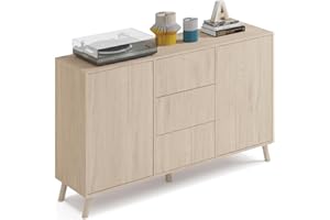 MUEBLES PITARCH | Aparador Salón Comedor, Buffet, Mueble Auxiliar, 2 Puertas y 3 Cajones, Roble Aurora, 89x140x40cm, Despensa, Cocina, Despacho, Tirador Push o Pulsador, Moderno, Nórdico, Modelo Oslo