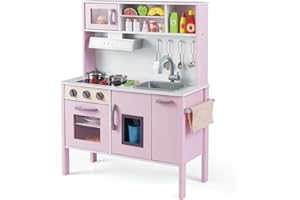 RELAX4LIFE Cucina Giocattolo per Bambini, Gioco Cucina in Legno con Microonde, Forno, Rubinetto, Lavello e 18 PCS Accessori, Mini Cucina per Bambini 3 4 5 6 Anni (Rosa Chiaro)