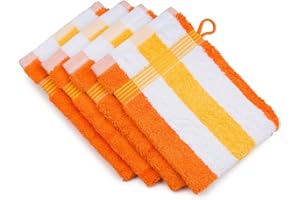 Gözze - New York Gant de Toilette à rayures, Lot de 4, Doux et absorbant, 100% Coton, 17 x 24 cm - Orange/Blanc/Jaune