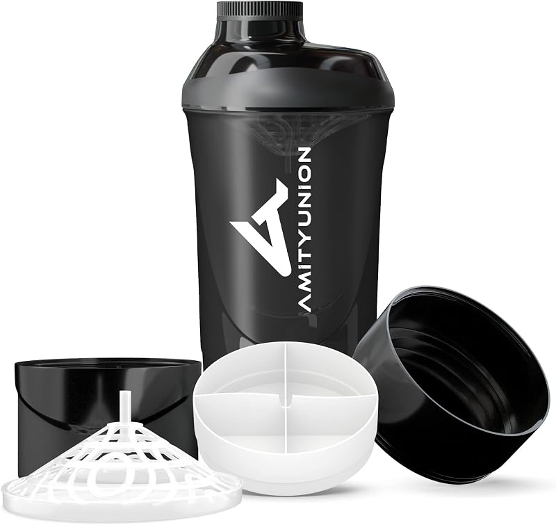 AMITYUNION Shaker per proteine ​​- L'ORIGINALE Senza BPA con setaccio, scala per frullati di siero di latte cremosi, tazze Gym Deluxe per isolati e concentrati sportivi, (Tazza fumogena nera)