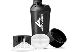 AMITYUNION Shaker Deluxe - Proteína Shaker a prueba de fugas - BPA libre y con la escala tamiz de polvo de proteína de suero cremoso sacude 700ml (negro ahumado cup)