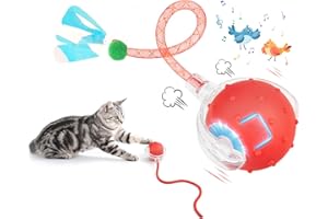 EXTFANS Katzenball Elektrisch mit 2 Schwanzseilen - Elektrischer Katzenspielzeug Ball, Interaktives Katzenspielzeug mit 4 Modi & Vogelstimmen, 360° Powerball & USB-Ladung, mit LED-Leuchten (Rot)