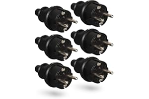 HEITECH PROMOTION GMBH HEITECH Fiche mâle 2p en caoutchouc anti courbures - 6x fiche prise electrique male noire, 250V, 16A, IP22 pour usage intérieur - fiche schuko male en caoutchouc solide