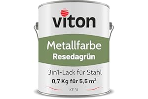 Viton Metallfarbe in Hellgrün - 0,7 Kg Metall-Schutzlack Seidenmatt - Dauerhafter Schutz & hohe Beständigkeit - 3in1 Grundierung & Deckfarbe - Metalllack direkt auf Rost - KE31 - RAL 6011 Resedagrün