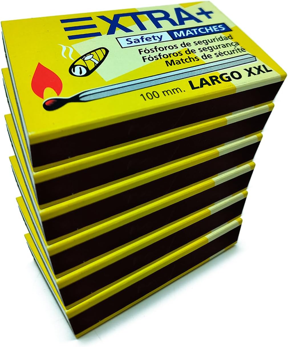 ACAN Tradineur - Pack de 6 Cajas de cerillas Super Largo XXL, 300 cerillas totales, fósforos de Seguridad Super Largos para cocinas, barbacoas, chimeneas, Estufas (10 cm)
