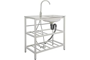CUTYCATY Edelstahl Werkbank Spülbecken Freistehende Einzelbecken-Spüle, Mobile Spüle Edelstahl Küchenspüle, Multifunktions Waschtisch mit Wasserhahn, Spültisch für Outdoor und Camping (Modell B)