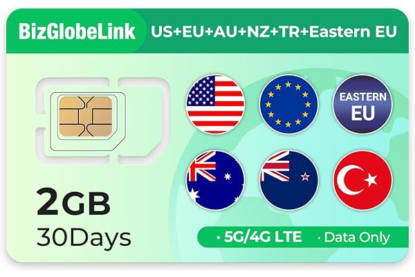 EIOTCLUB Carte SIM de Données de Voyage 2 Go pour 30 Jours de Couverture en Turquie, Australie, Nouvelle-Zélande, Europe de l'est, États-Unis & 33 Pays Européens, 5G, Rechargeable, sans Contrat
