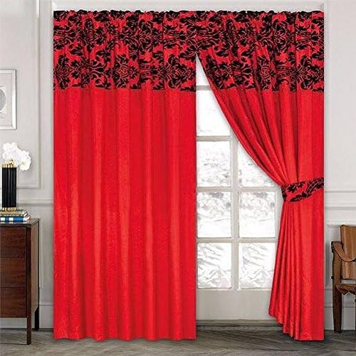 Half Flock Damask Pencil Pleat Curtains (90''x90''(228x228cm), Red+Black)