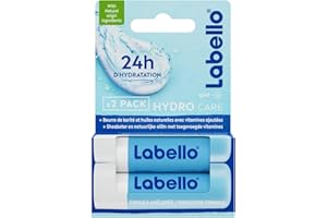 LABELLO Duo Hydro-Care (2 x 5,5 ml), Baume à lèvres FPS 15 hydratation longue durée pendant 24H, Soin des lèvres enrichi en huiles naturelles et au beurre de karité