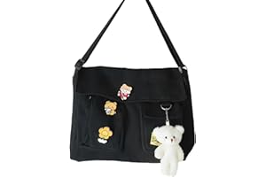 CRITIVE-S Canvas Messenger Bag Shoulder Bag, Cross Body Bag Women with 4 Cute Badges and 1 Bear Pendent, Large Mens Satchel Bag Multiple Pockets, Tote Bag Adjustable Shoulder Strap(Black)