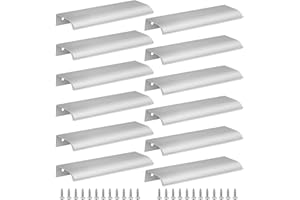 Cjueiom 12 Pack Concealed Kitchen Cupboard Handles 128mm Hole Center Hidden Drawer Pulls, Finger Edge Pull Aluminum Cabinet Handle Invisible Door Knob for Wardrobe (150mm Total Length, Silver)