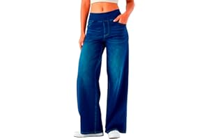 BFYSFBAIG Women’s High Waisted Pull on Wide Leg Jeans Stretchy Tummy Control Denim Pants Baggy Straight Leg Trendy Jeans