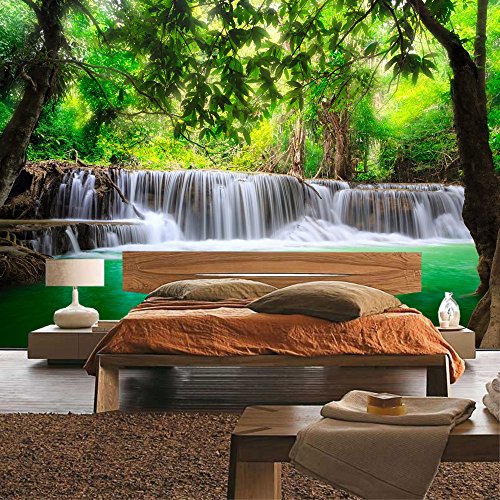 Vlies Fototapete PREMIUM PLUS Wand Foto Tapete Wand Bild Vliestapete – DEEP FOREST WATERFALLS – Wasserfall Bäume Wald Thailand See Wasser Meer – no. 067, Größe:300x210cm Vlies - 8