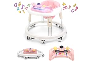 PIONCREY Baby Walker, Music and Lights Baby Walkers for Boys 6 Months, Foldable Baby Walkers for 1 Year olds with Activity Center, 7-Speed Height Adjustment (Pink)