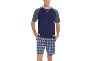 Litherday Pyjama Homme Été Coton Ensemble de Pyjama pour Homme Couleur Unie à Manches Courtes T-Shirt + Short à Carreaux avec Poches