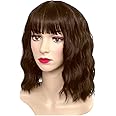 SKHAOVS Curly Fancy Dress Wigs with Hair Bangs Short Wavy Curly Women Fresh Bright Synthetic Ordinary Flat Bangs Bob Wig Cosplay Party Wigs Women's Shoulder Length Halloween Girl Wigs (Brown)