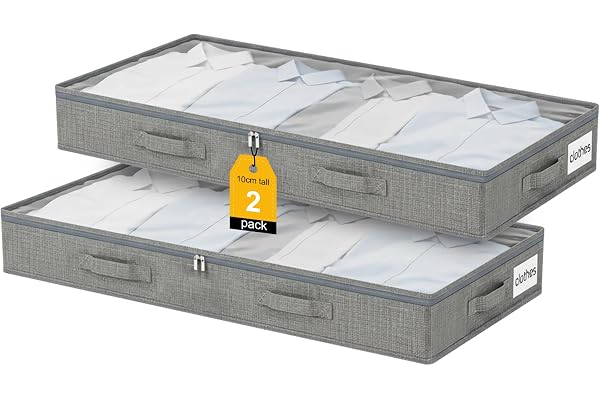 2 stycken förvaringsboxar för undersäng, 50 l undersängbord 10 cm hög stor | förstärkt med dragkedja vikbar garderob arrangör klart fönster, för kläder, täcken och sängkläder