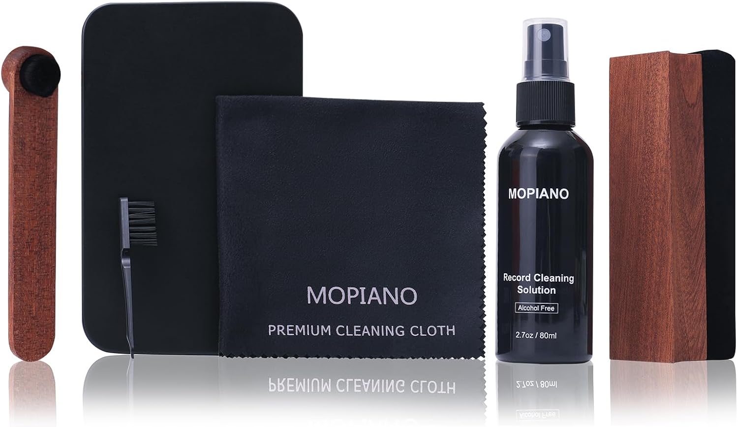 Mopiano Kit de nettoyage complet 6 en 1 pour disques vinyles avec brosse en velours doux, liquide de nettoyage LP, brosse à stylet, brosse en nylon, chiffon en microfibre et boîte de rangement