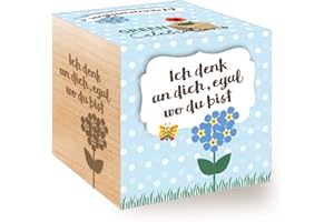 Feel Green - WE CREATE NATURE Celebrations Ecocube, Vergissmeinnicht, Holzwürfel Mit Lasergravur «Ich Denk An Dich, Egal Wo Du Bist», Nachhaltige Geschenkidee, Anzuchtset, Made in Austria