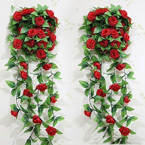 weksi Jingxu 2pcs Artificial Fake Rose Silk Flower Green Leaf Vine for Home Wedding Garden Decoration (2pcs Red)