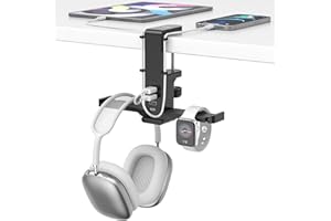 KDD Wieszak na Słuchawki z Ładowarką USB - Podwójny Stojak na Słuchawki z Wyjmowanymi Haczykami - Stacja Ładująca Pod Biurkiem z 3 USB i 1 Typu C, Stojak na iWatch Akcesoria Do Gier z Klipsem na Kabel