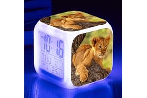 HUA5D Reveil Enfant Veilleuse De Voyage Réveil Numérique Animaux Lion Lampe De Chevet Fille & Garcon Décoration De Chambre Wake Up Light Digital Alarm 7 Couleurs Changeantes Horloge Cadeau(A248)